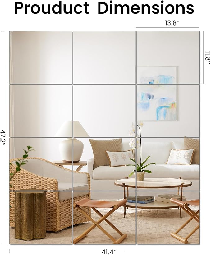 JAMBALAY Home Gym Mirrors for Gym, 12Pcs 14″×12″ Square HD Glass Full Length Wall Mirror Tiles, Self Adhesive Frameless Wall Mirror for Bedroom, Living Room, Over The Door - Image 3