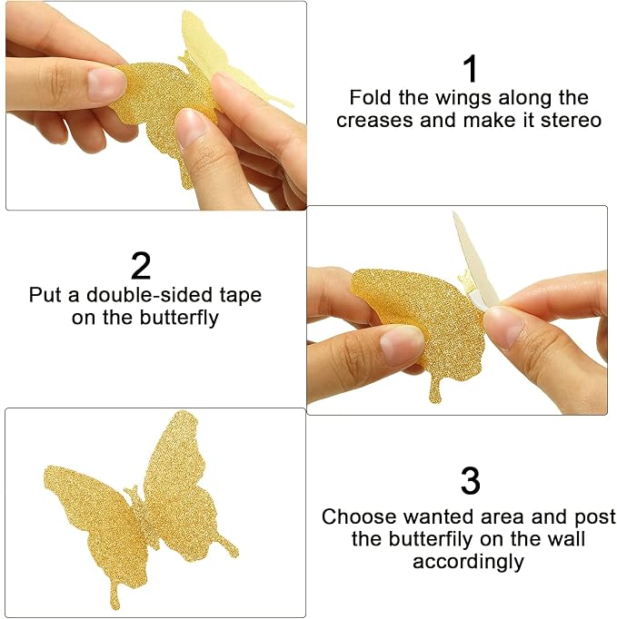 BBTO 48 Pcs 3D Butterfly Mirror Wall Decor,Glitter Gold | Butterfly Stickers,3 Sizes,for Birthday Party Cake,Room Nursery Bathroom Wall Decor,Removable Peel Stick,Reflective - Image 3