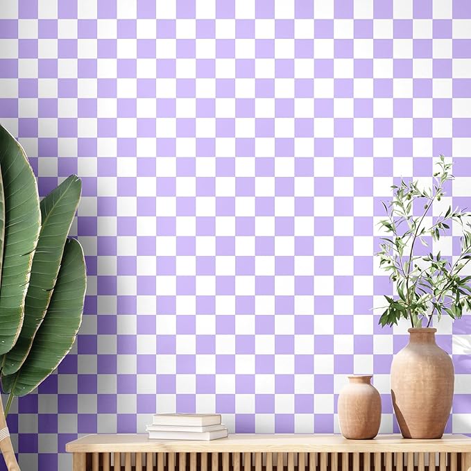Drydiet Purple Checkered Peel and Stick Wallpaper 15.75'' X 197" | Plaid Funky Checkered Contact Paper, Waterproof Contact Wallpaper, Vintage Gingham Decor for Room Bathroom Cabinet, Trendy by Drydiet