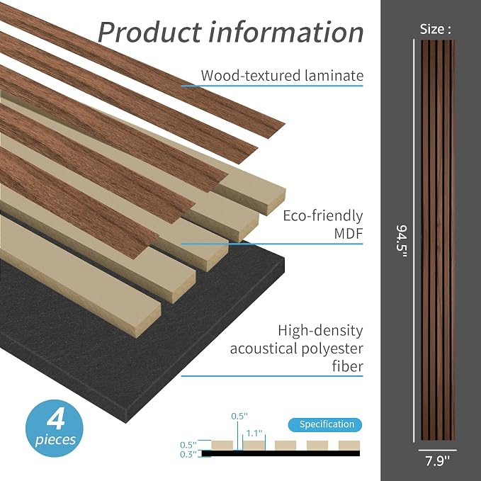 Art3d 4-Pack 94.5 x 7.9 inch Acoustic Wood Slat Wall Panels for Interior Decor, 3D Fluted Sound Absorbing Wood Paneling for Accent Wall Ceiling Kitchen Living Room Bedroom Office, Dark Walnut - Image 5