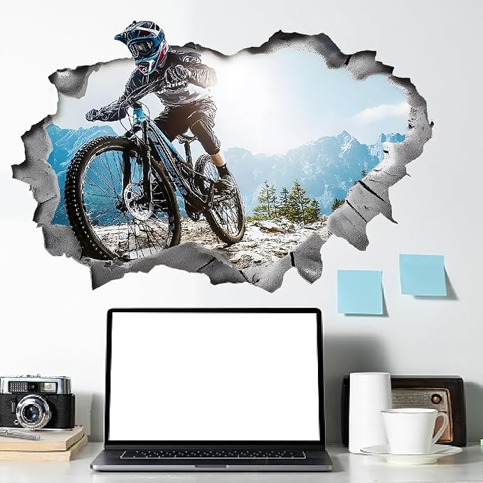 SUPERDANT 3D Bicycle Motocross Wall Decals Mountain Bike Wall Stickers Break Through The Walls Art Murals Peel and Stick Adhesive Sticker for Livingroom Bedroom Kids Room Outdoor Sport Lover - Image 4