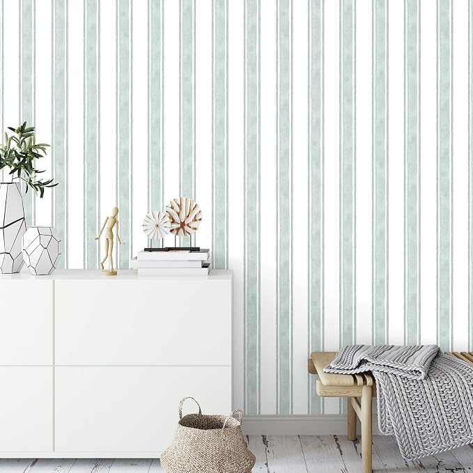 Affrolling Striped Peel and Stick Wallpaper 15.75"x118.11",Green | Watercolor Self Adhesive Contact Paper, Removable for Bedroom Cabinet Furniture, Cute Decor for Nursery Craft Room DIY - Image 2
