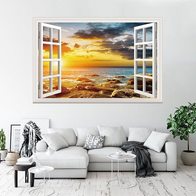 Fake Window Wall Sticker- Sunset Beach Seascape Open Wall Art Decal | Faux Window Ocean Natural Scenery Landscape Mural｜Stick and Peel Wall Decals｜Room Bedroom Office Scene Picture Decor｜24"x16" - Image 5
