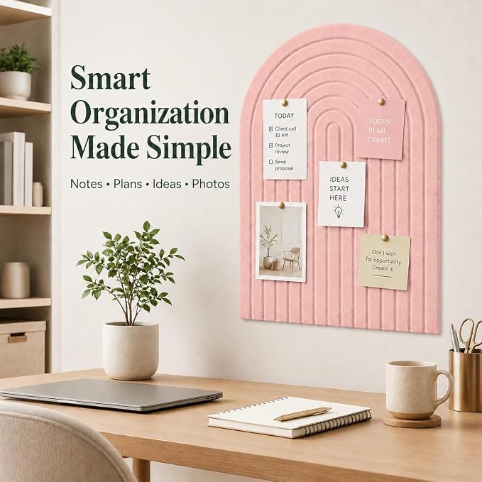 Large Arched Felt Bulletin Board, Sized 36" x 24" for Office & Wall Decor – 6 Customizable Adhesive Tiles with Pins are Perfect to Display Your Photos (Pink-A) - Image 9