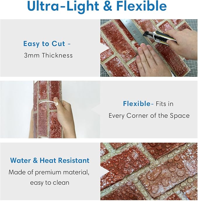 COMSTICKC 3D Faux Brick Wall Panels Peel and Stick, 10 Pcs 11.8" x 11.8" | Red, Not Real Brick, Small Size, Ultra-Light Thin PVC Sticker, Fake Brick Decorative Tiles for DIY Decor, Cover 9.7 sq ft - Image 4