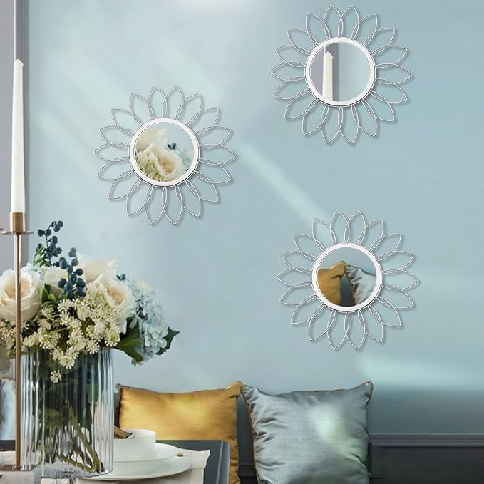 3 Pack Metal Mirrors for Wall Sunburst Wall Mirrors Home Décor Decorative Hanging Wall Art for Living Room Bedroom Entryway (Silver, Flowers) - Image 6