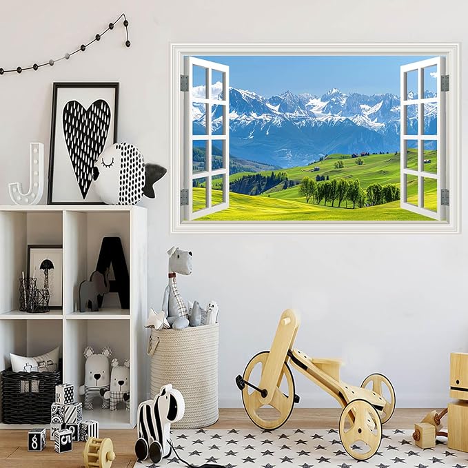 Fake Window Wall Decal- Mountain Forest Green Grassland Open Wall Sticker | Faux Window Natural Scenery Landscape Mural｜Stick and Peel Wall Decals｜Room Bedroom Office Scene Decor｜48"x32",Set of 2 Sheet - Image 8