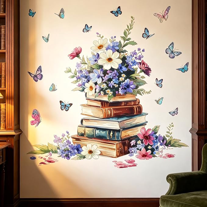 Vintage Stacked Books Floral Flower Butterfly Wall Decals Decor Stickers | Elegant books peel and stick wall decor, wildflowers & butterflies removable vinyl wall art for library bedroom study room - Image 4