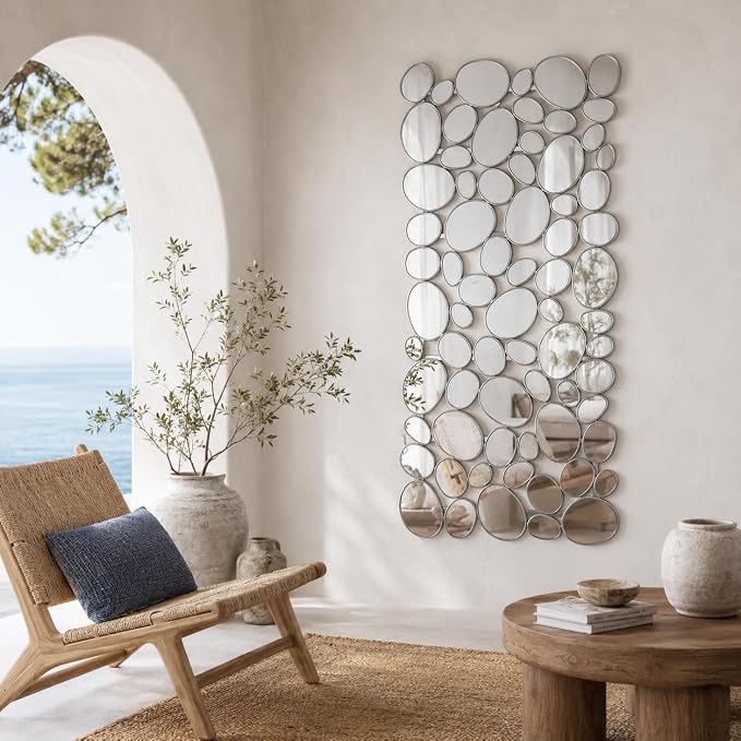 Large Wall Mirrors Decorative - 27.5x55 Inch Silver Living Room Mirrors for Wall Decor, 71 Piece Multi-Size Pebble Design Metal Framed Accent Mirror for Entryway Living Room Home Decor - Image 7
