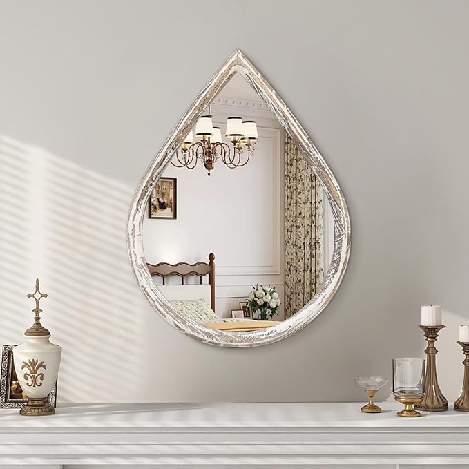 Small Teardrop Mirror Rustic White Wood Frame Mirror Farmhouse Hanging Mirror for Wall, Bathroom, Living Room, Entryway, Hallway - Image 2