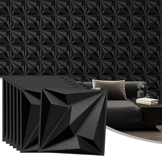 33-Pack 3D Wall Panels Black for Interior Wall Decor, Waterproof PVC Diamond Texture Accent Wall Panels for Gaming Room Living Room Bedroom Office, 12"x12" Matte Black Geometric Wall Tiles by laapee