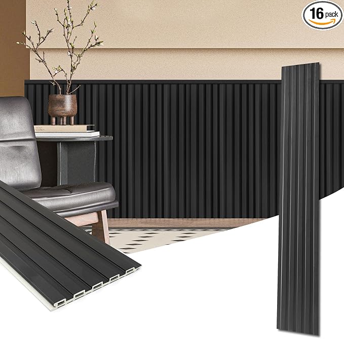 Art3d WPC Wainscoting Panels, 16-Pack 48 x 6 Inch 3D Wall Accents for Interior Wall Decor, Living Room, Bedroom, Black by Art3d