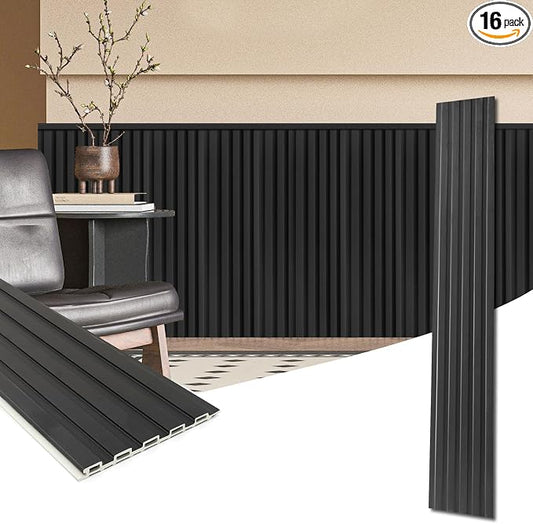 Art3d WPC Wainscoting Panels, 16-Pack 48 x 6 Inch 3D Wall Accents for Interior Wall Decor, Living Room, Bedroom, Black by Art3d