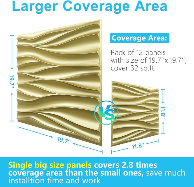 STICKGOO 3D Wall Panels, Champaign Gold Wave Design, 19.7''x19.7'' | PVC Accent Wall Panels for Interior Wall Decor, Living Room, Lobby Bedroom Hotel Office, Pack of 12 - Image 6