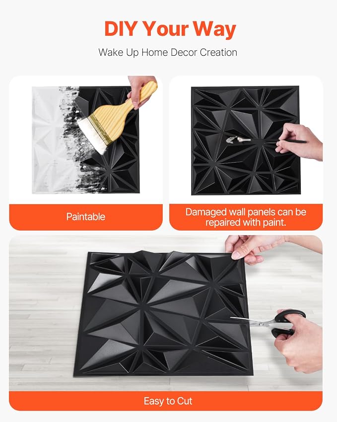 VEVOR 3D Wall Panels, 33-Pack 11.81 x 11.81 in PVC Modern Art Minimalist Diamond Tiles, 32 Sq.Ft Coverage Accent Wall Panel, Interior Home Decor for Ceiling, Bedroom, Living & Gaming Room, Matte Black - Image 3