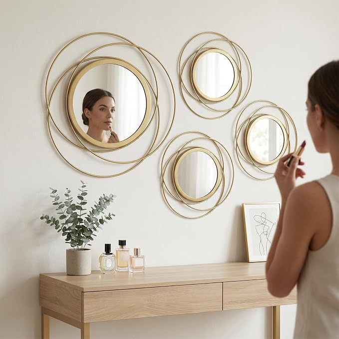 4 Piece Gold Round Wall Mirror Set Modern Metal Circles for Home Decor - Image 2