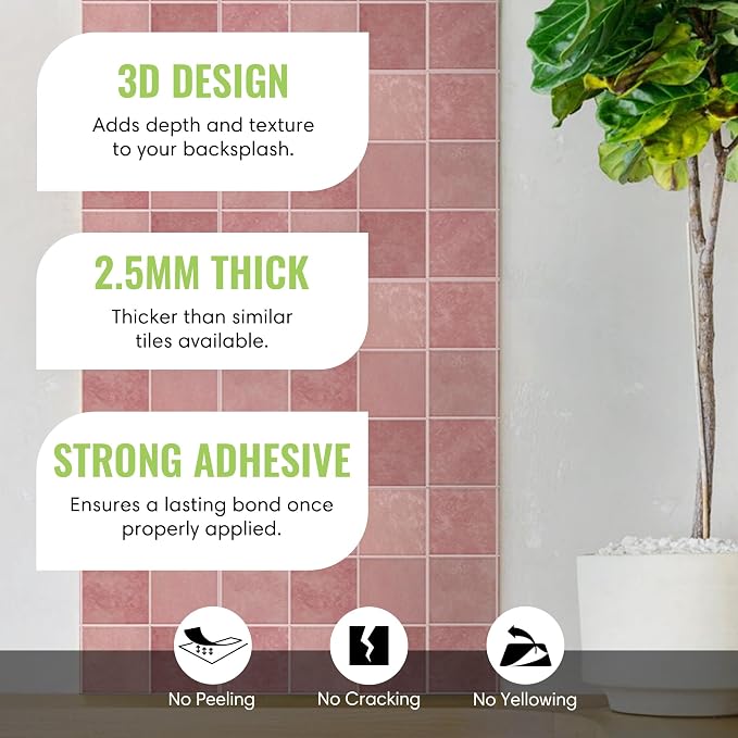 Select 5 Pack Peel and Stick Backsplash Square Tiles, 12x12 in, Pink | Extra Thick 3D Wall Panels, Heat & Water Resistant, Easy DIY Kitchen, Bathroom, Laundry, Fireplace & Rental Home Wall Décor - Image 2