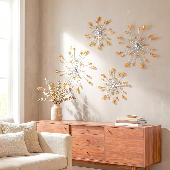 ZEXUIRU 4 Set Silver Starburst Wall Art for Home Decor Metal Bling Crystal Rhinestones Sunburst Wall Decor Sparkling Rhinestone Art Accent -Orange 13in/11.8in/9.8in/9.8in by ZEXUIRU