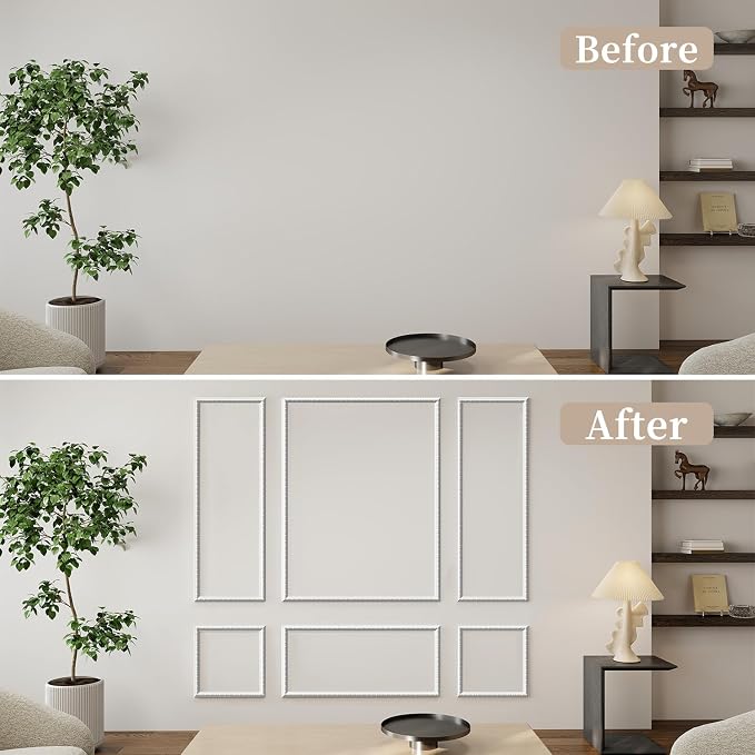 JBER Peel and Stick Wall Molding Kit, 6 Pre-Cut Wainscoting Panels, White | Ready-to-assemble pre-cut molding, 3D wall trim for interior wall décor, living room & bedroom, 3 top 3 bottom - Image 4
