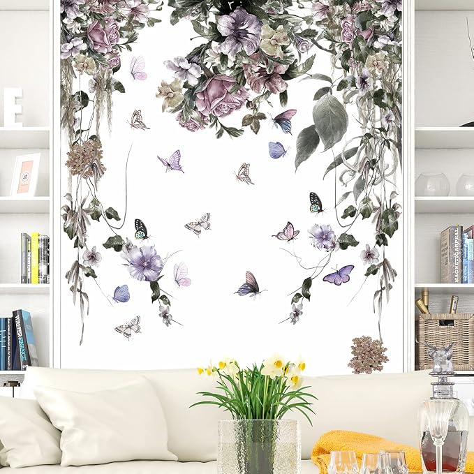 LiveGallery Purple Petunia Wall Decals Peony Flowers Stickers DIY Vinyl Peel and Stick Dark Style Art Murals for Girls Bedroom Living Room TV Sofa Backdrop Office Bathroom Wall Home by LiveGallery