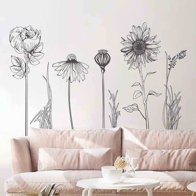 Black Simple Flower Plant Wall Decals, 2 Sheets Large Boho Floral Modern Wall Stickers Peel Stick Sketch Wildflower Wallpaper Art Decor for Bedroom Living Room Office Gifts for Mom(11.8x35.4 in/Sheet) by Supzone
