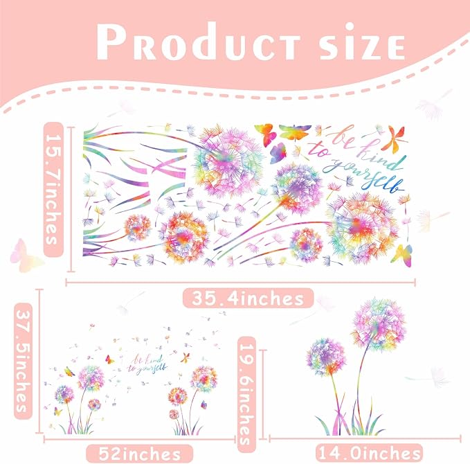 Large Dandelion Wall Decals Colorful Flower Art Stickers Peel and Sticks | wall stickers, floral dragonfly butterfly decor, removable vinyl, inspirational quotes, for kids girl bedroom living room - Image 5