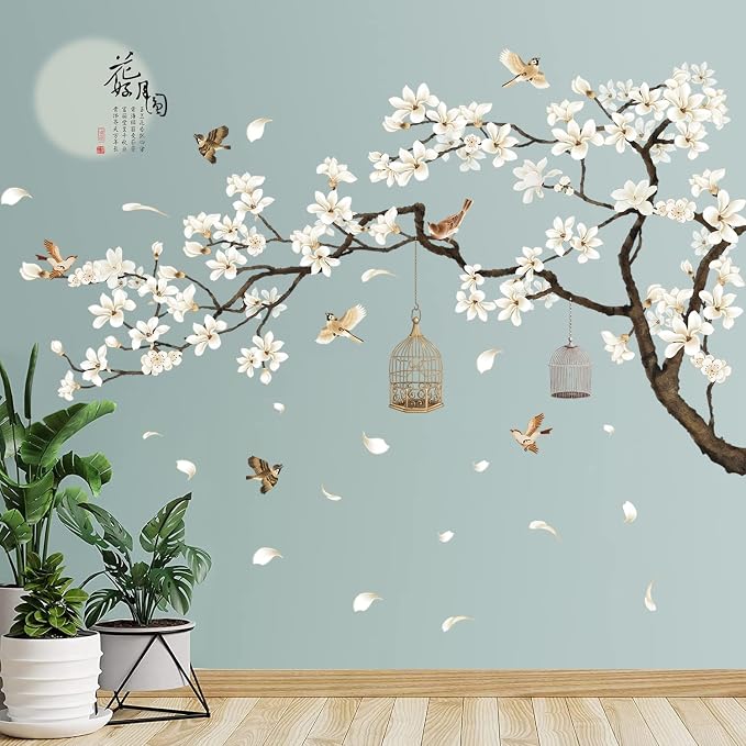 LiveGallery White Peach Blossm Flowers Wall Stickers Chinese Style Tree Branches Wall Decals Removable DIY Ancient Poems Petal Moon Birdcage Wall Art Murals for Girls Bedroom TV Background (Right) by LiveGallery