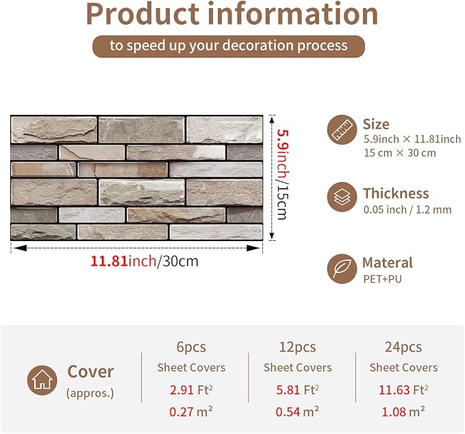 Brick Peel and Stick Kitchen Backsplash Tiles | 10 Sheet 3D Wall Panels Back Splash Waterproof Self Adhesive Wall Stickers for Bathroom Fireplace RV Camper Van（6"x12"） - Image 5