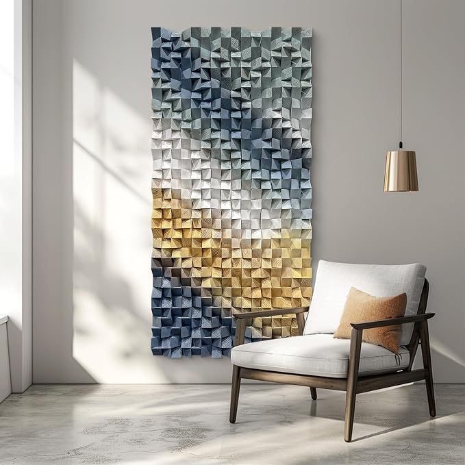 LIUZEYUE Abstract Pine Wall Sculpture Featuring Gradient Pine Composition | large wood wall art; navy and cream, shadow-casting block depth; living room wide sofa backdrop; 35.4 x 70.9 in - Image 7
