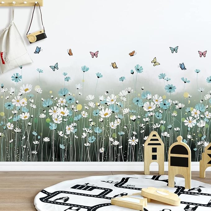 2 Sheets Blue Daisy Wall Sticker White Flowers Wall Decals DIY Peel and Stick Butterflys Firefly Wall Stickers for Kids Girls Bedroom Living Room Bathroom Nursery Window Door Office Skirting Lines - Image 7