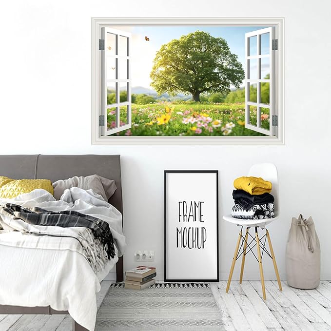 Fake Window Wall Sticker Decal Spring Green Grassland Tree Faux Window Flowers Poster Picture Open Wall Art Decor, Stick and Peel Landscape Natural Scenery Canvas Scene Mural,16"x24" - Image 7