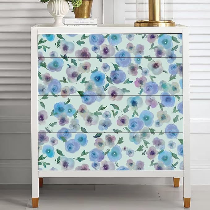 Blue Purple Watercolor Floral Peel and Stick Wallpaper, 17.3" x 118" Soft Pastel Flower Removable Vinyl Wallpaper, Waterproof Self-Adhesive Vintage Floral Contact Paper for Nursery Bedroom Cabinets - Image 9