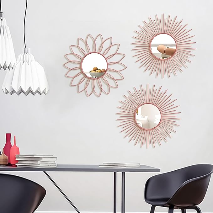 3 Pack Metal Mirrors for Wall Sunburst Wall Mirrors Home Décor Decorative Hanging Wall Art for Living Room Bedroom Entryway (Pink, Flower+Sunburst) - Image 6