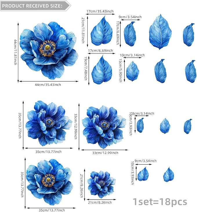 Runtoo Large Peony Flower Wall Art Decals 3D Boho Fabric Blue Floral Wall Mural Stickers for Girls Bedroom Living Room Office Home Backdrop Decor - Image 4