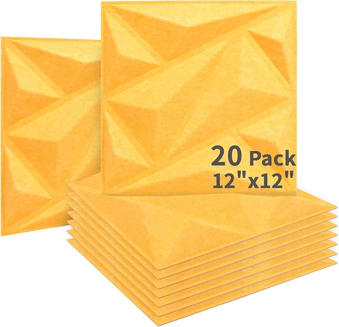 Art3dwallpanels Acoustic Panels, Yellow, 12" X 12", 20 Pack | 20 Pack, Soundproof Wall Panels, Sound Dampening Panels, 3D Wall Panels, Sound Absorbing Panels, Without Tape by Art3dwallpanels