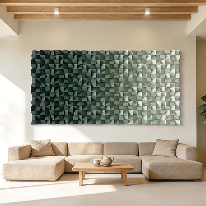 LIUZEYUE Wood Mosaic Wall Art with Staggered Green Blockwork, 3D Pine Art | 3D wall art for living room; deep green gradient, wall coverage; staircase landing double-height wall; 31.5 x 63 in - Image 9