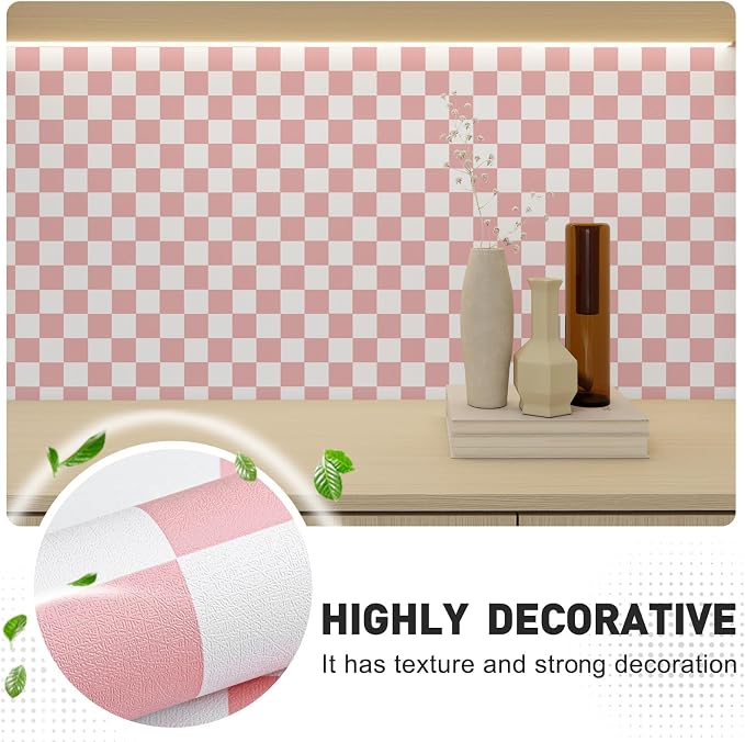 Pink and White Contact Paper Mosaic Checkered Peel and Stick Wallpaper 17.3"x120" Self Adhesive Waterproof Vinyl Roll for Bathroom Kitchen Backsplash Cabinets Shelf Liners Drawers - Image 3