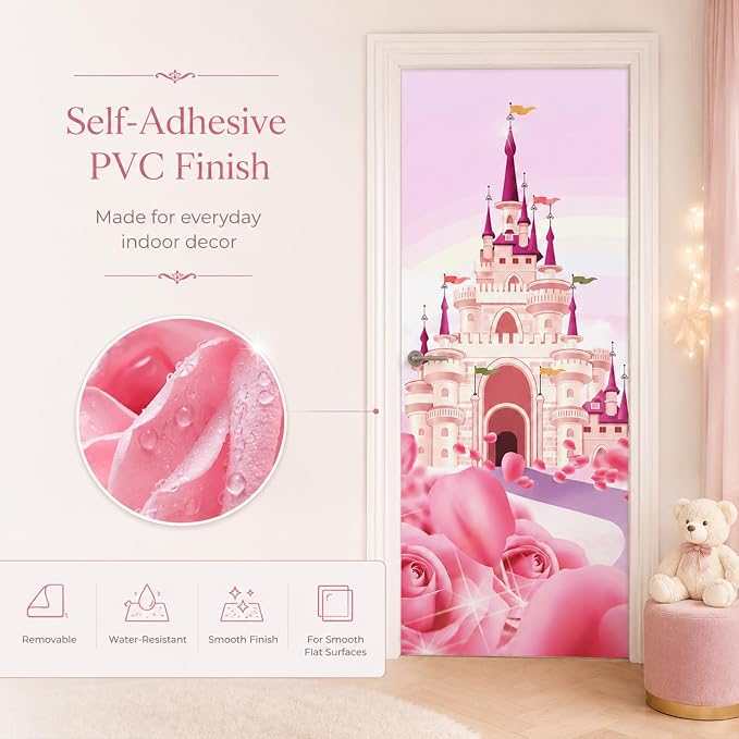Door Stickers Peel Stick Murals-Wall Cover Decorative Decal Pink Castle | 30.3"W x 78.7"H, 3D Pink Castle Wallpaper，Waterproof Removable Opaque Vinyl Self Adhesive Fake Door Decor for Home Office - Image 4