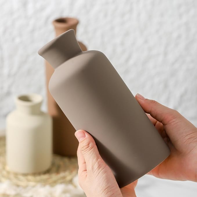 Ceramic Vase Set of 3, Flowers Neutral Modern Vases Home Decor Rustic Farmhouse Decor Pampas Vase for Table Mantel Entryway Shelf Living Room Kitchen Bathroom - Brown - Image 3