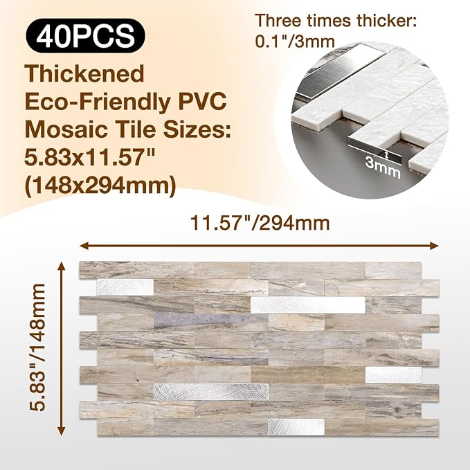 Peel and Stick Backsplash Tile Waterproof Removable PVC Wall Sticker 3D Faux Stone Marble Brick White Accent Panels (Gray - Yellow Stone - Metal Silver, 40 Tiles - 18 sq. ft. (1.68 m²)) - Image 3