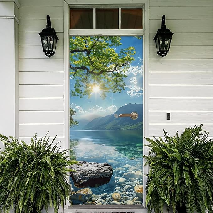 Green Tree Forest Lake Rock Sun Landscape Nature Door Stickers Decals Peel and Stick Removable Vinyl Waterproof Self Adhesive Wall Covers for Home 30.3" W x 78.7" H - Image 5