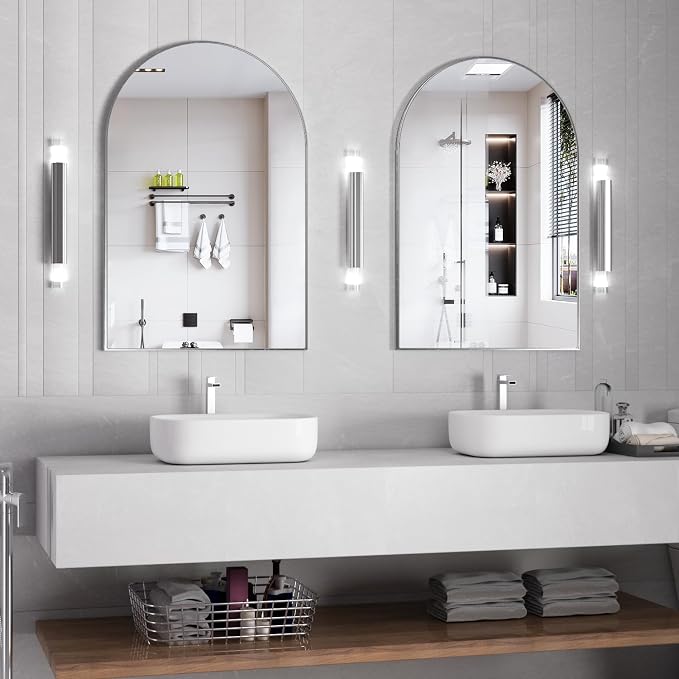 Wall Mounted Mirror, Arched Wall Mirror for Bathroom, 2 Pieces 24"x36" Arch Bathroom Mirror with Metal Frame, Silver Vanity Mirror Decor for Mantle, Bedroom, Entryway, Living Room by NEUWEABY
