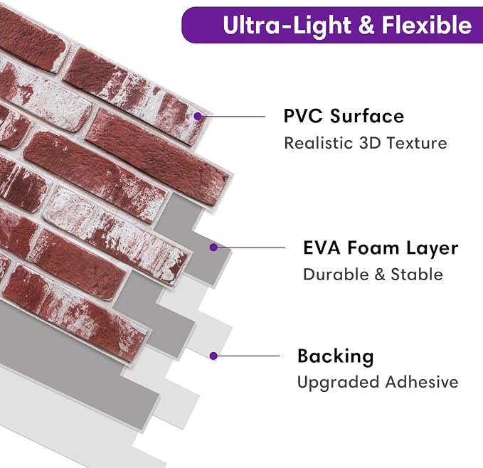 3D Peel and Stick Faux Brick Wall Panels 15.7" x 11.8" 10-Pack | Whitewashed Red, Brick-Look Textured Sticker, Thin Lightweight PVC Self Adhesive Tiles for Interior Decor, Cover 12.9 sq ft - Image 4
