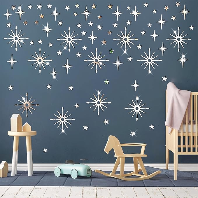 Star Wall Decals MCM Starburst Stickers Silver Mirror Decal Peel and Stick | Celestial decor, sparkle wall stickers, modern mid century decor, removable art mural, for kids bedroom living room farmhouse - Image 6