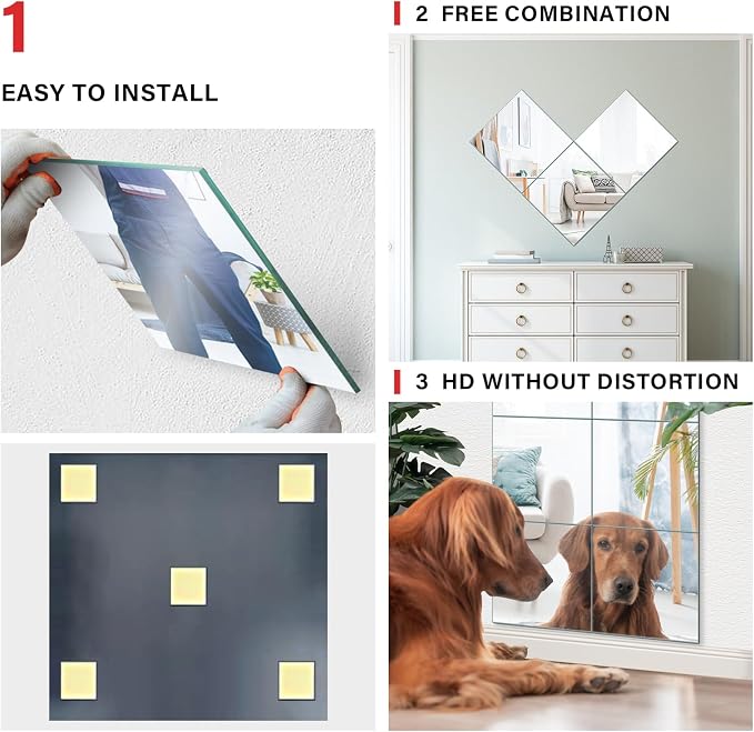 JAMBALAY Home Gym Mirrors for Gym, 8Pcs 12″×14″ HD Glass Full Length Wall Mirror Tiles, Self Adhesive Frameless Wall Mirror for Bedroom, Living Room, Over The Door - Image 6