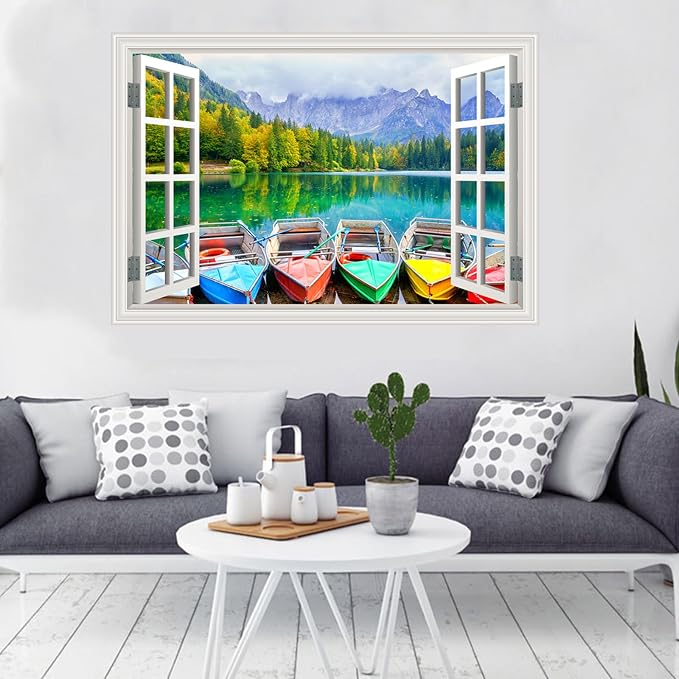 Fake Window Wall Decal- Far Mountains Forest Lakes Boat Open Art Sticker | Faux Window Natural Scenery Landscape Mural ｜ Stick and Peel Wall Decals｜Room Bedroom Office Decor｜48"x32",Set of 2 Sheets - Image 7