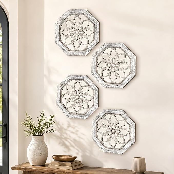 4 Pack 12 Inch Octagon Grey Rustic Wood Frame Acrylic Wall Mirrors, Farmhouse Boho Wall Art Decor for Living Room, Bedroom, Hallway, Entryway, Bathroom & Office by HMANGE