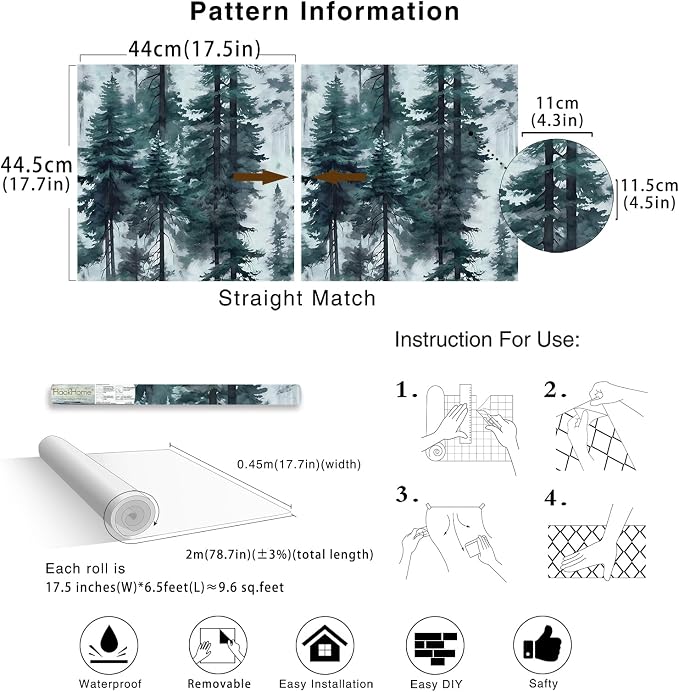 HAOKHOME Forest Peel and Stick Wallpaper Misty Blue Mural Contact Paper | Textured Removable Tree Landscape Mountain Botanical Nature Wall Paper Waterproof Blue Green Bathroom Bedroom 17.3in x 9.8ft - Image 7