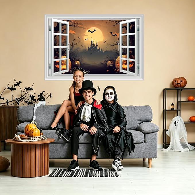 Halloween Decorations Fake Window Wall Decals，Full Moon Night View Terror Castle Pumpkin Bat Spooky Wall Art Poster Sticker Decal ，for Home Halloween Party Scary Scene Decor Peel and Stick 48"x32" - Image 3