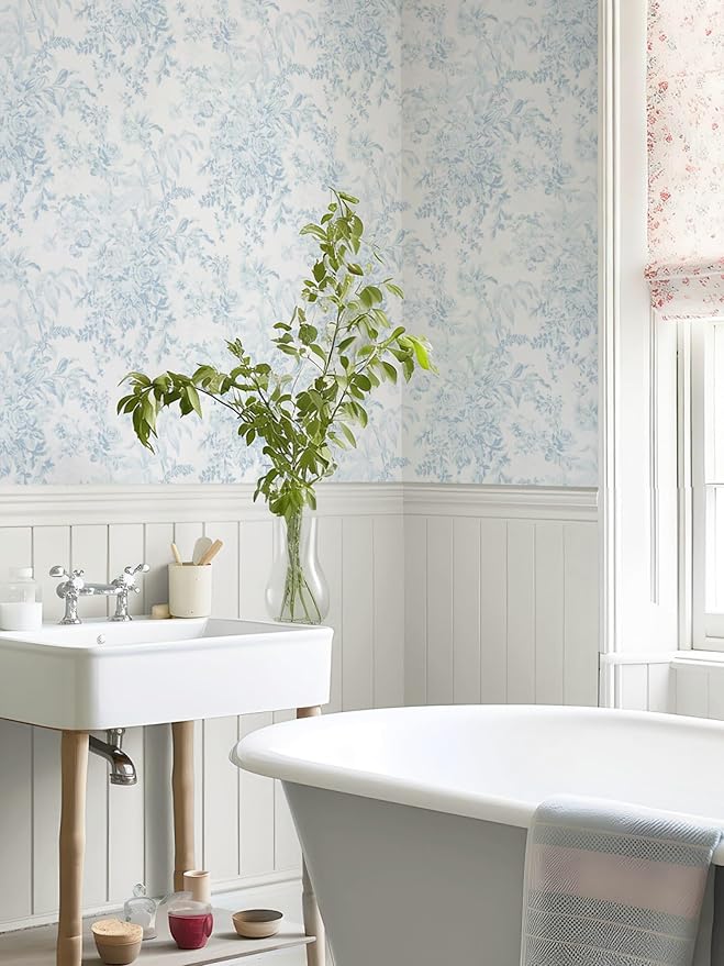 Heroad Vintage Peel and Stick Wallpaper Blue Floral Contact Paper Toile Leaf Removable Wall Paper Self Adhesive Stick On Wallpaper for Girls Nursery Bathroom Renter Friendly Vinyl Roll 17.3''X78.7'' - Image 8